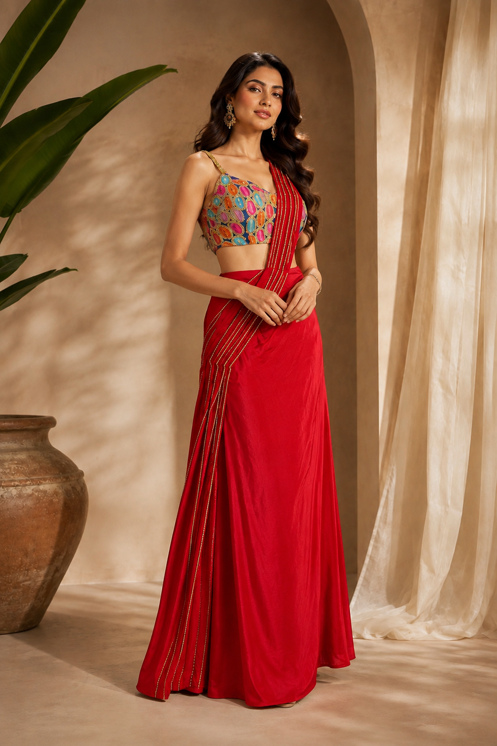 Women’s Red Draped Skirt Set with Multicolor Embellished Blouse — Sarees | Lehar Clothing UAE