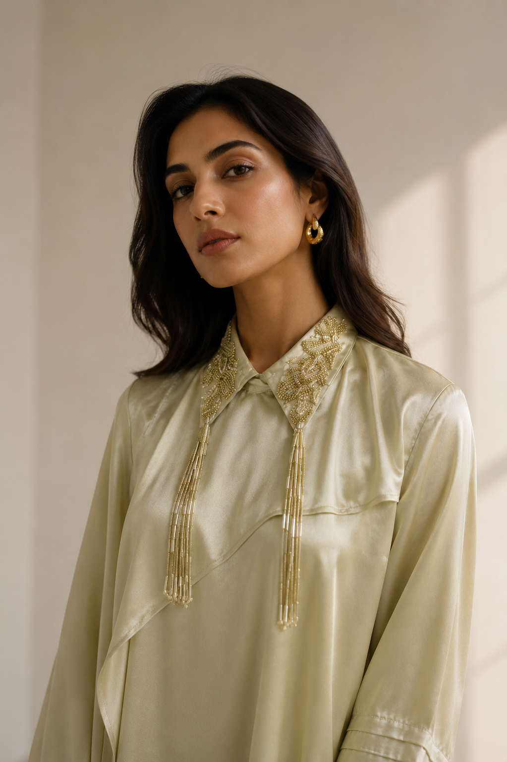 Champagne Draped Satin Set — Kurta Sets — view 2 | Lehar Clothing UAE