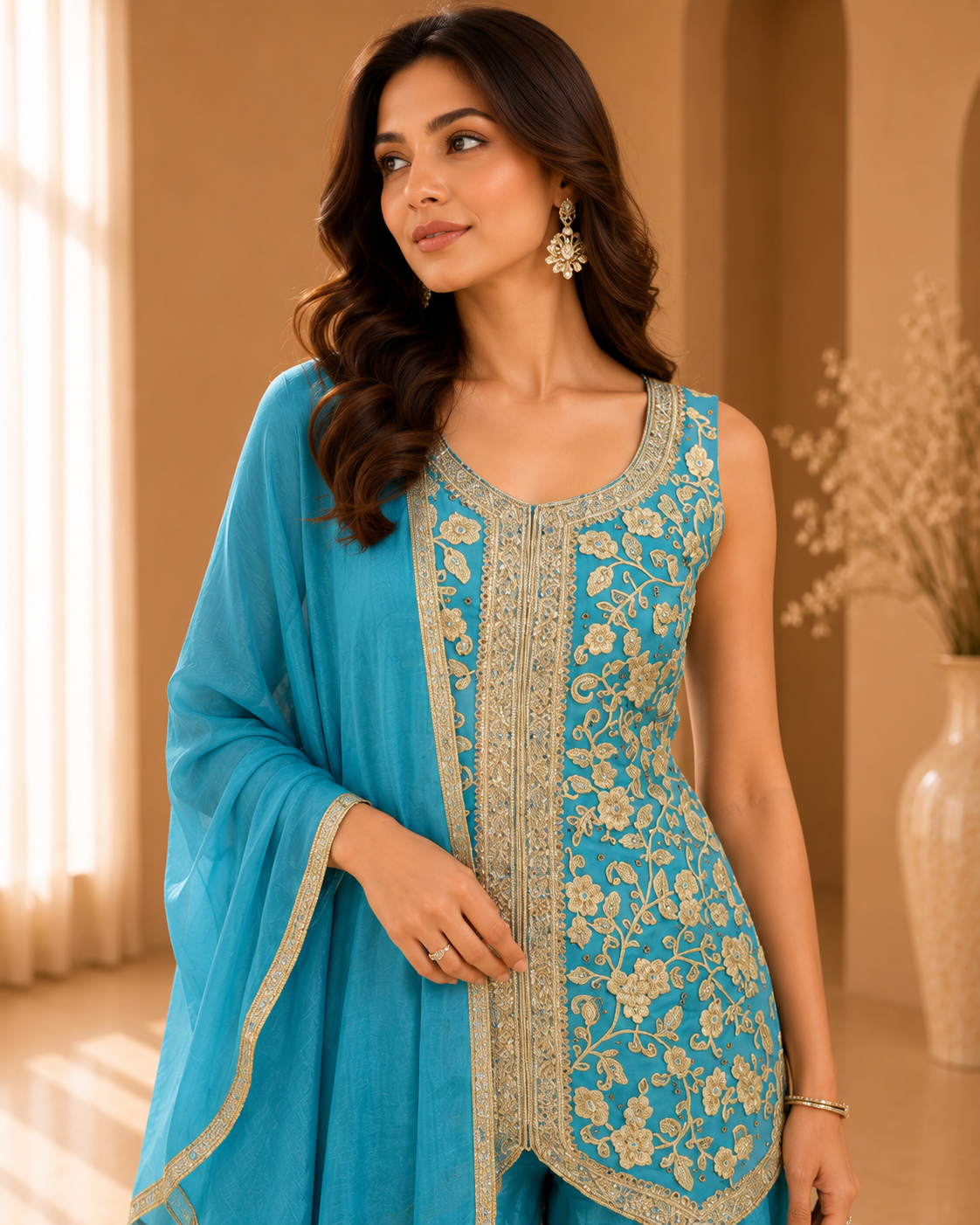 Women's Blue 3-Piece Embroidered Sharara Suit with Dupatta — Sharara Set — view 2 | Lehar Clothing UAE