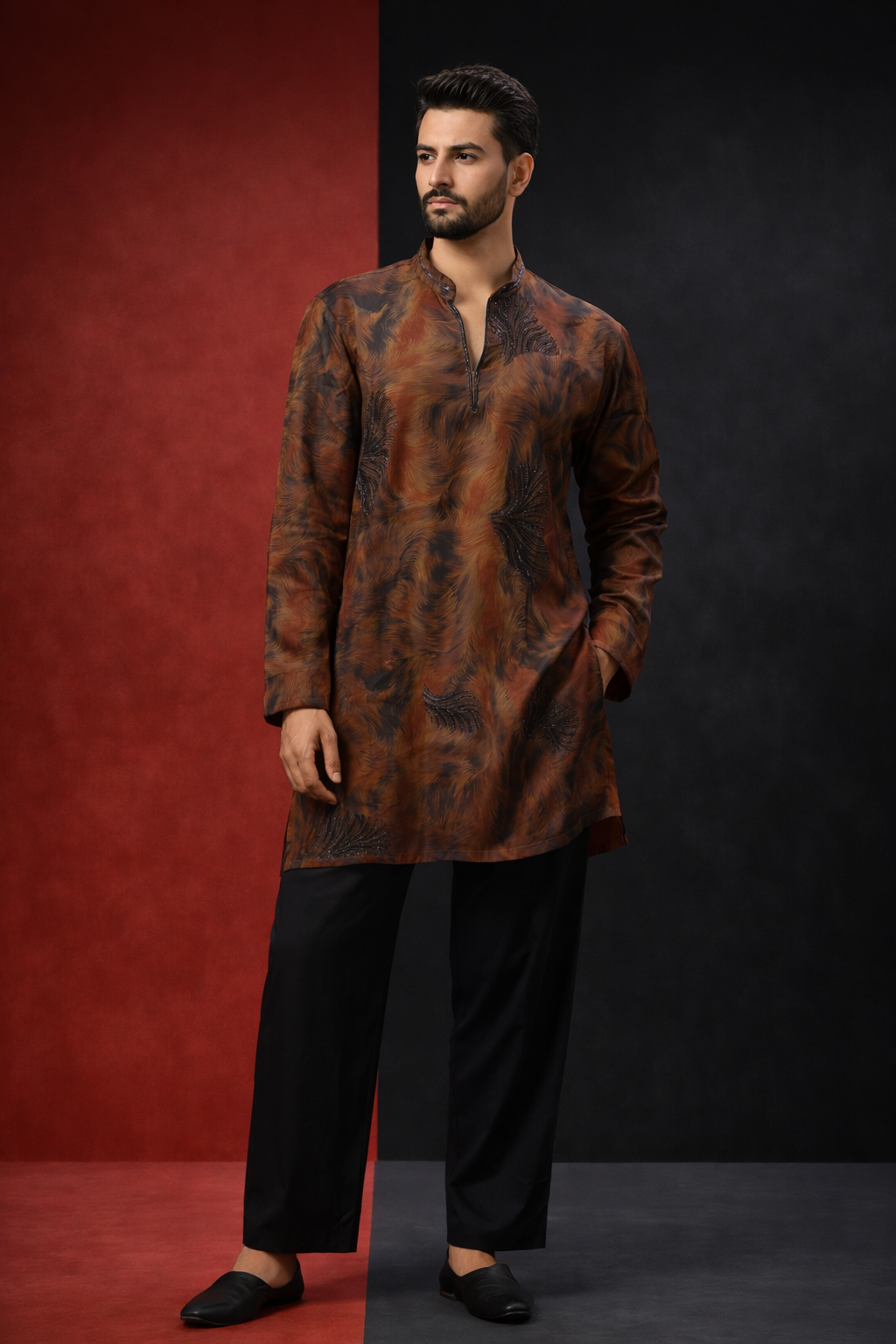 Men's Abstract Print Mandarin Collar Kurta with Black Ankle-Length Trouser Set — Kurta Sets | Lehar Clothing UAE