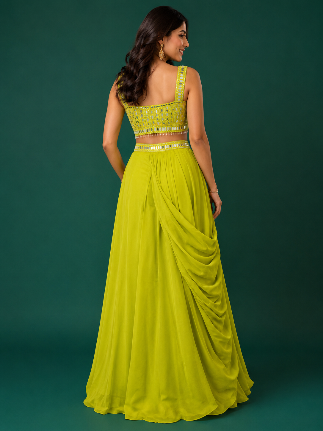 Lime Mirror Embellished Draped Skirt Co-Ord Set — Lehenga — view 2 | Lehar Clothing UAE