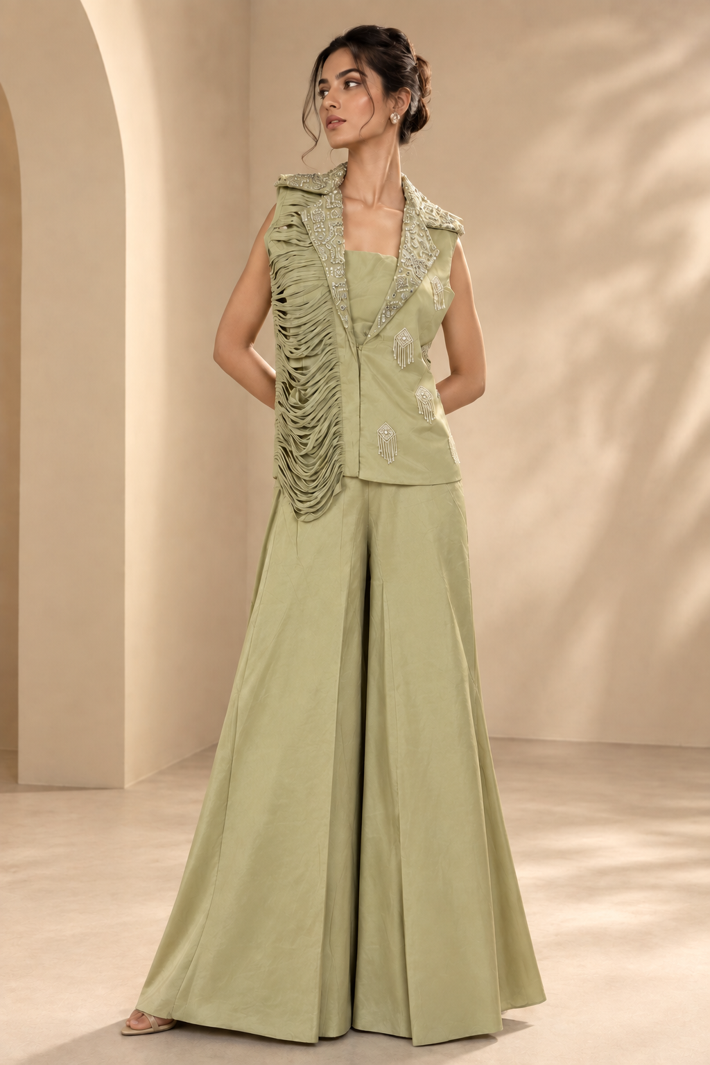 Sage Green Embellished Draped Vest with Wide-Leg Palazzo Pants Indo-Western Co-ord Set — Palazzo Sets | Lehar Clothing UAE