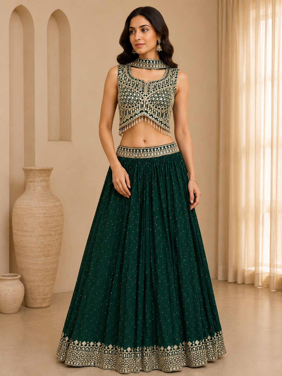 Royal Green Embroidered Lehenga Set with Designer Blouse & Dupatta — Lehenga | Lehar Clothing UAE