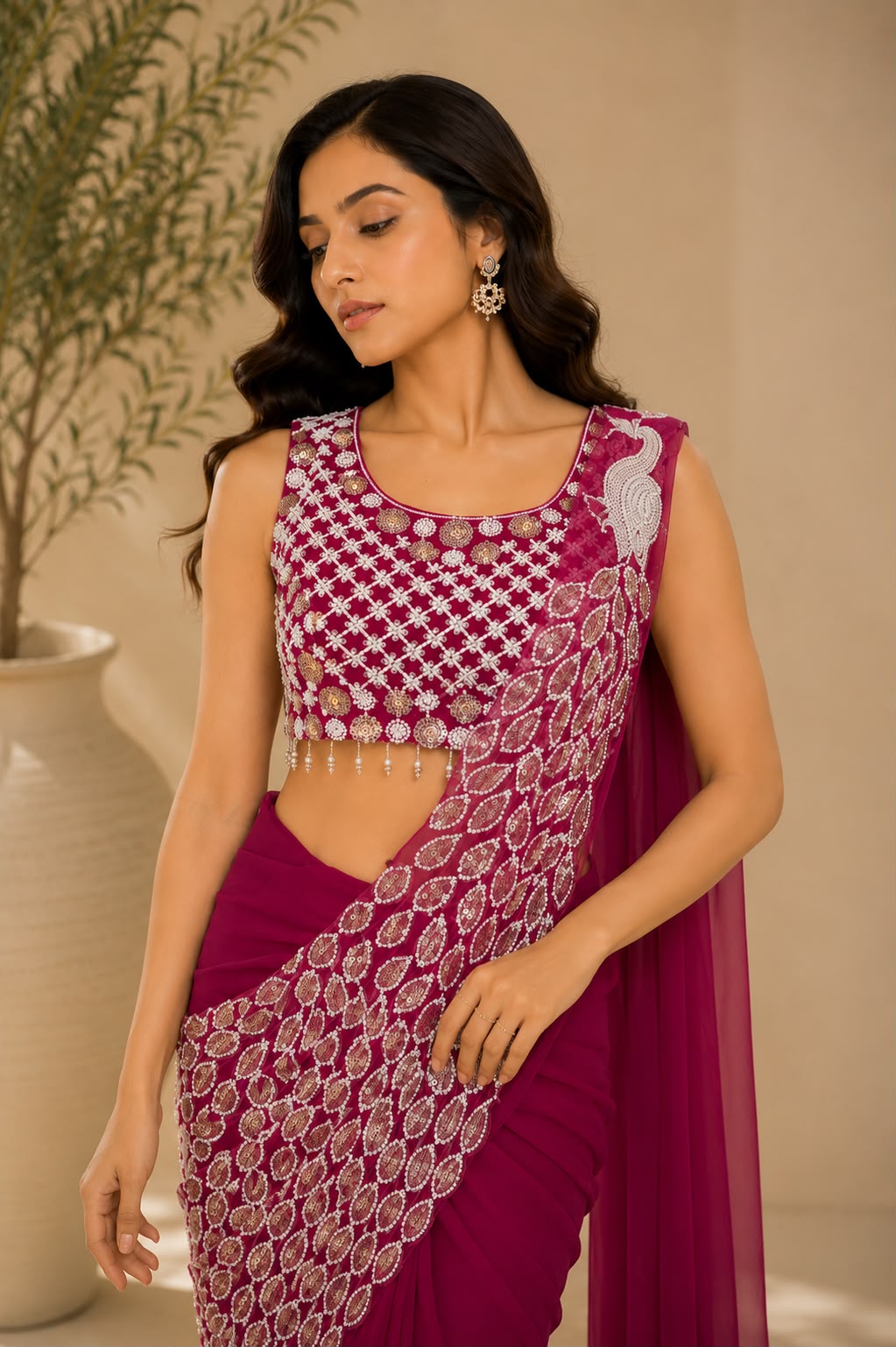 Fucisia Pink Ready-to-Drape Saree with Hand Embroidered Mirror Work Blouse — Sarees — view 2 | Lehar Clothing UAE