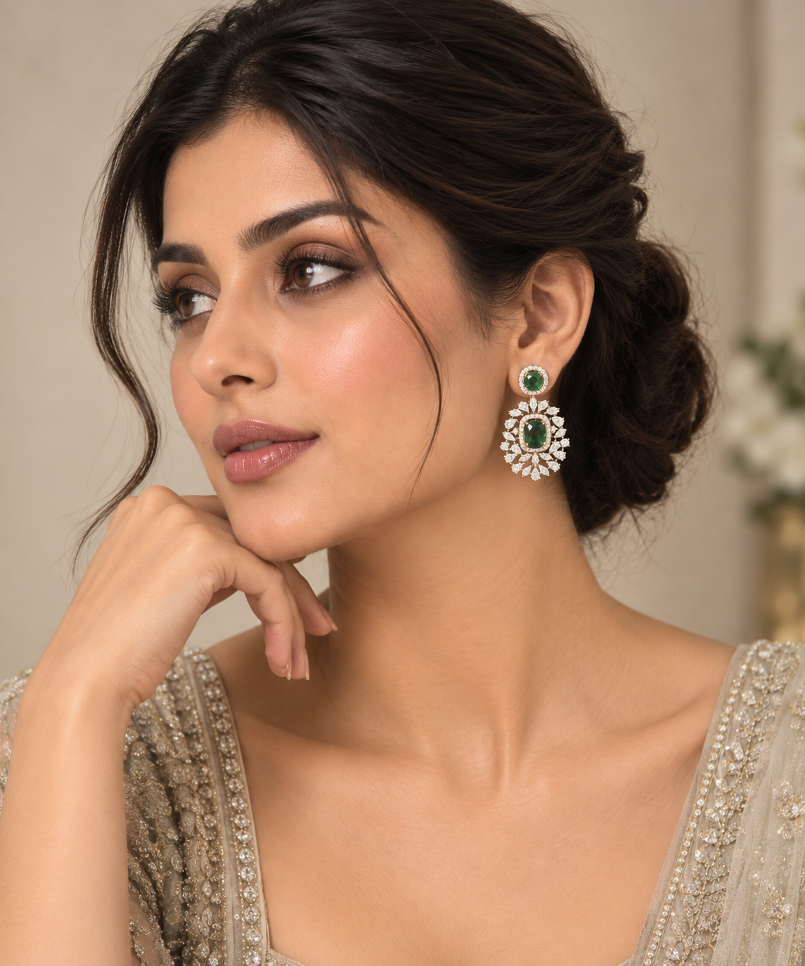 Emerald Green Cushion Cut Cluster Earrings - Gold-Tone Wedding & Evening Fashion Jewelry — Jewellery — view 2 | Lehar Clothing UAE