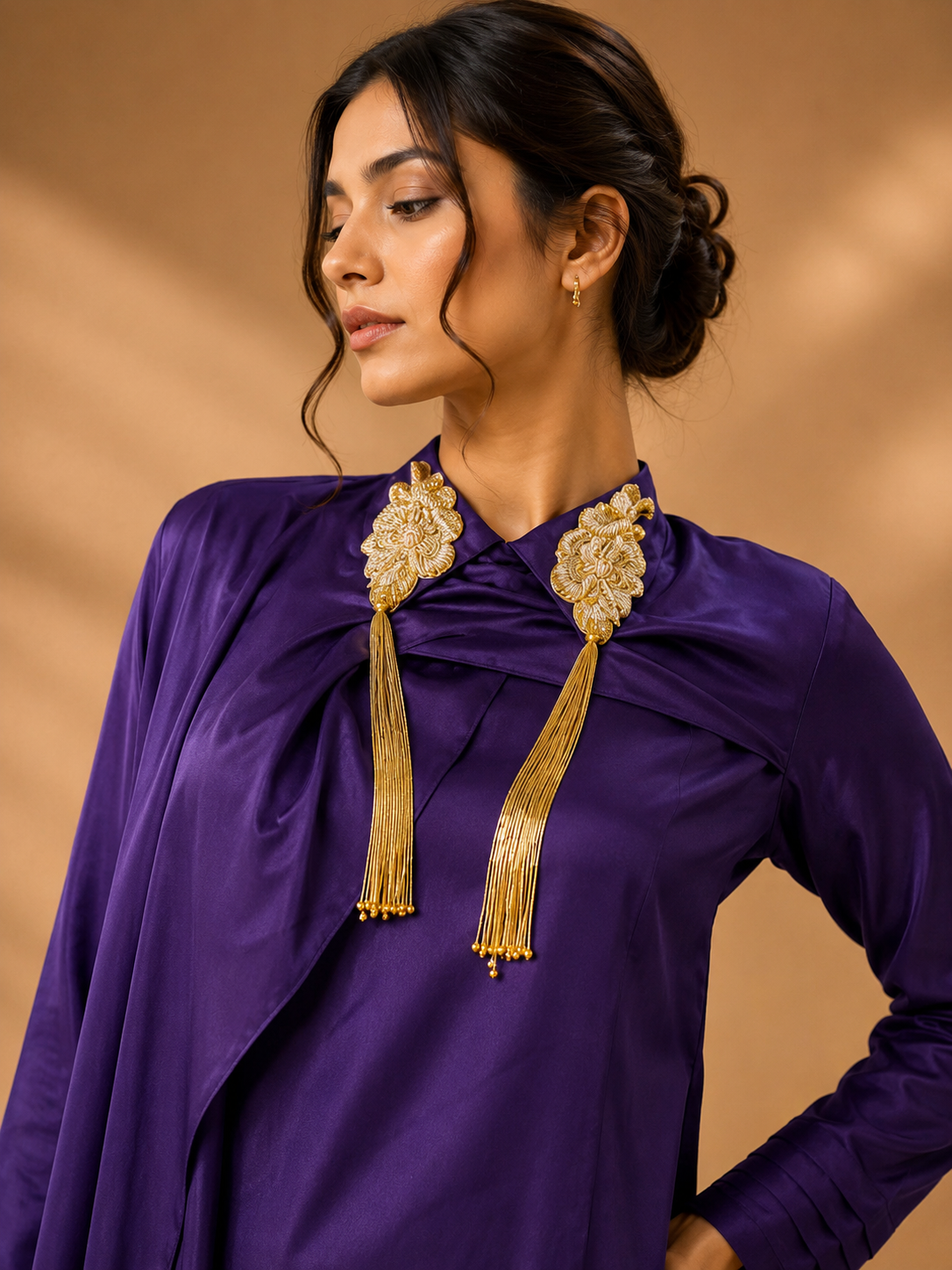 Velvet Plum Draped Satin Set — Kurta Sets — view 3 | Lehar Clothing UAE