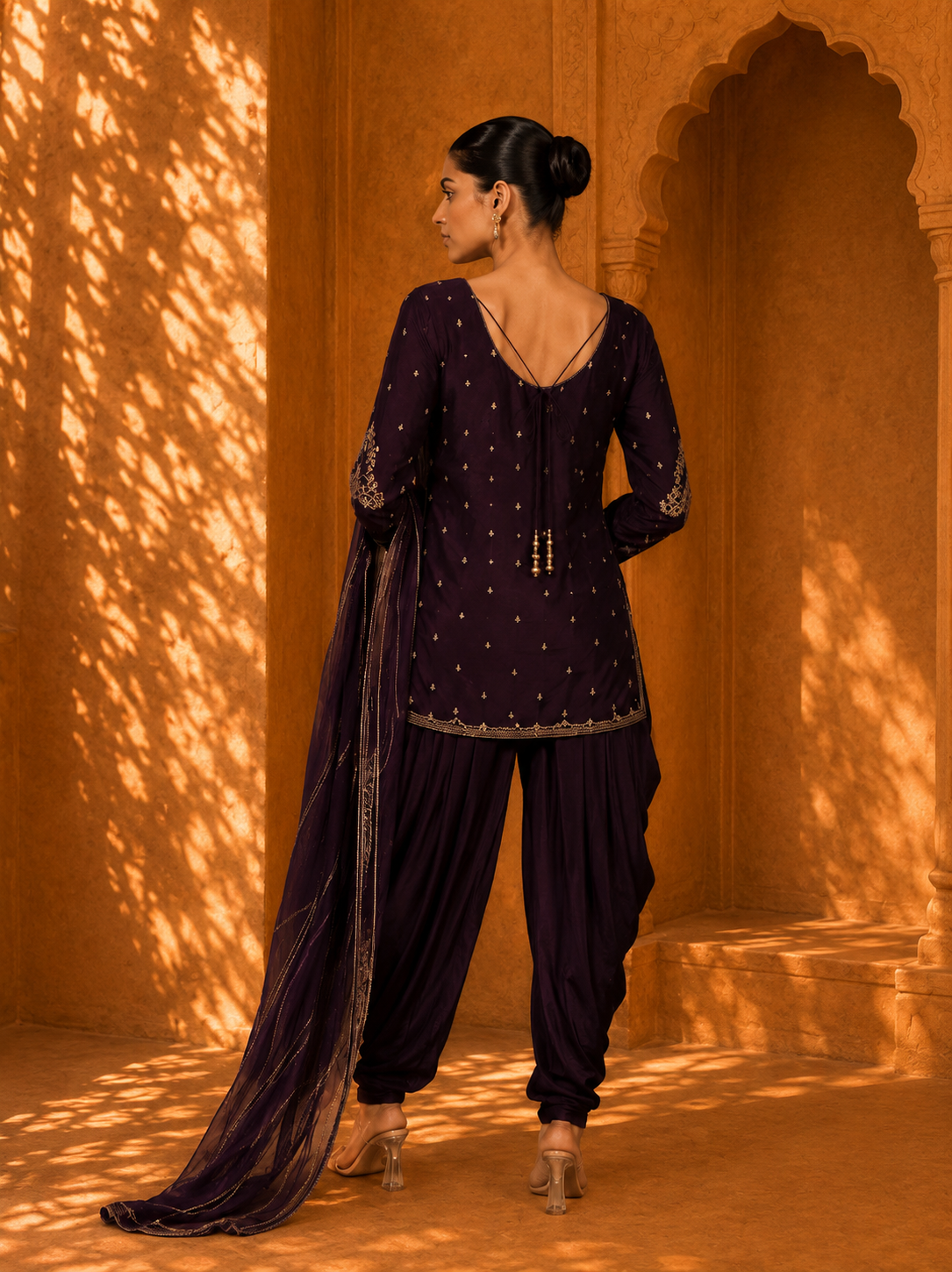 Regal Plum Embroidered Straight Kurta with Patiala Salwar and Dupatta Set — Kurta Sets — view 2 | Lehar Clothing UAE