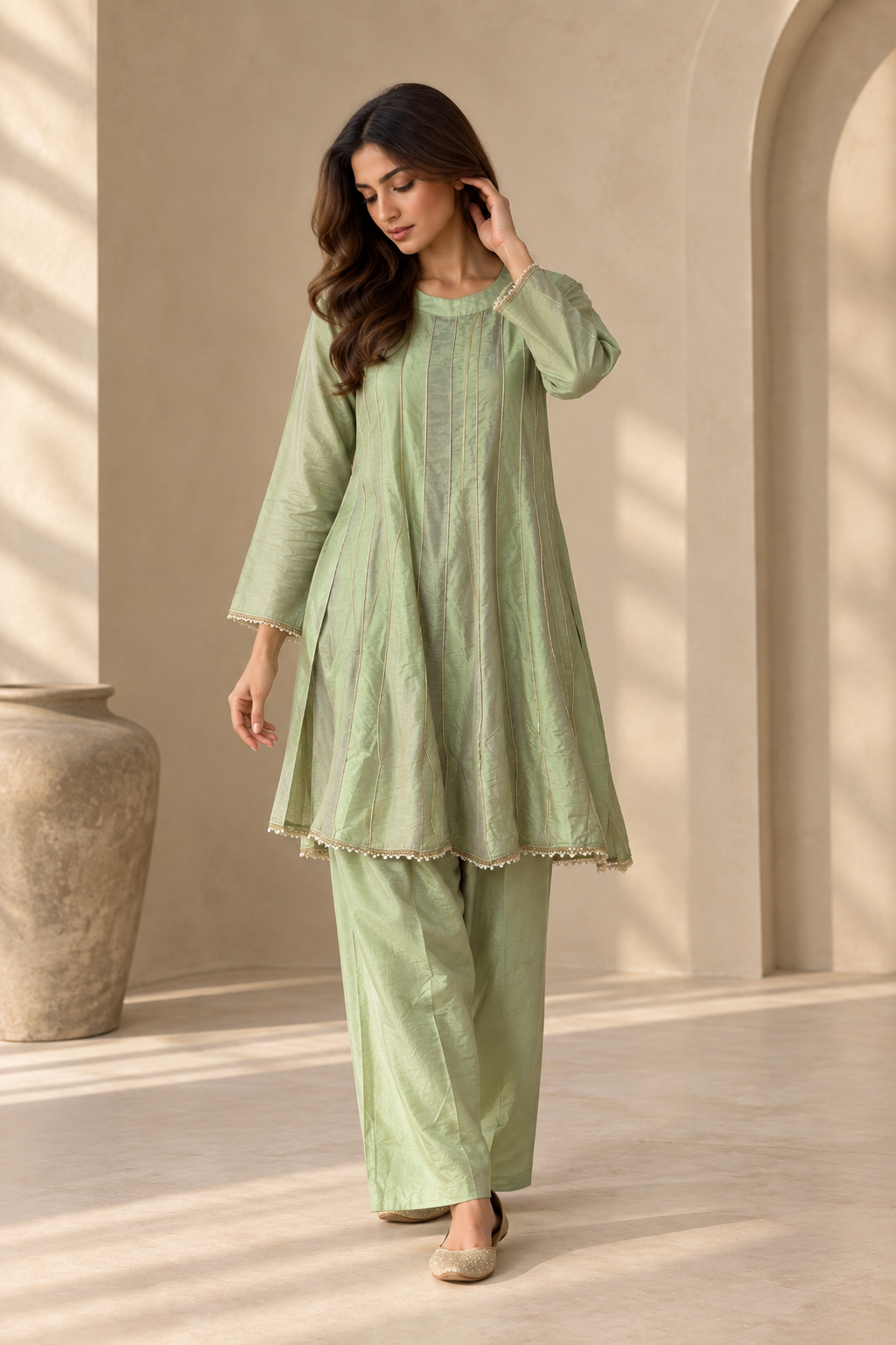 Sage Green Pintuck A-Line Kurta with Straight Pants Set — Kurta Sets — view 2 | Lehar Clothing UAE