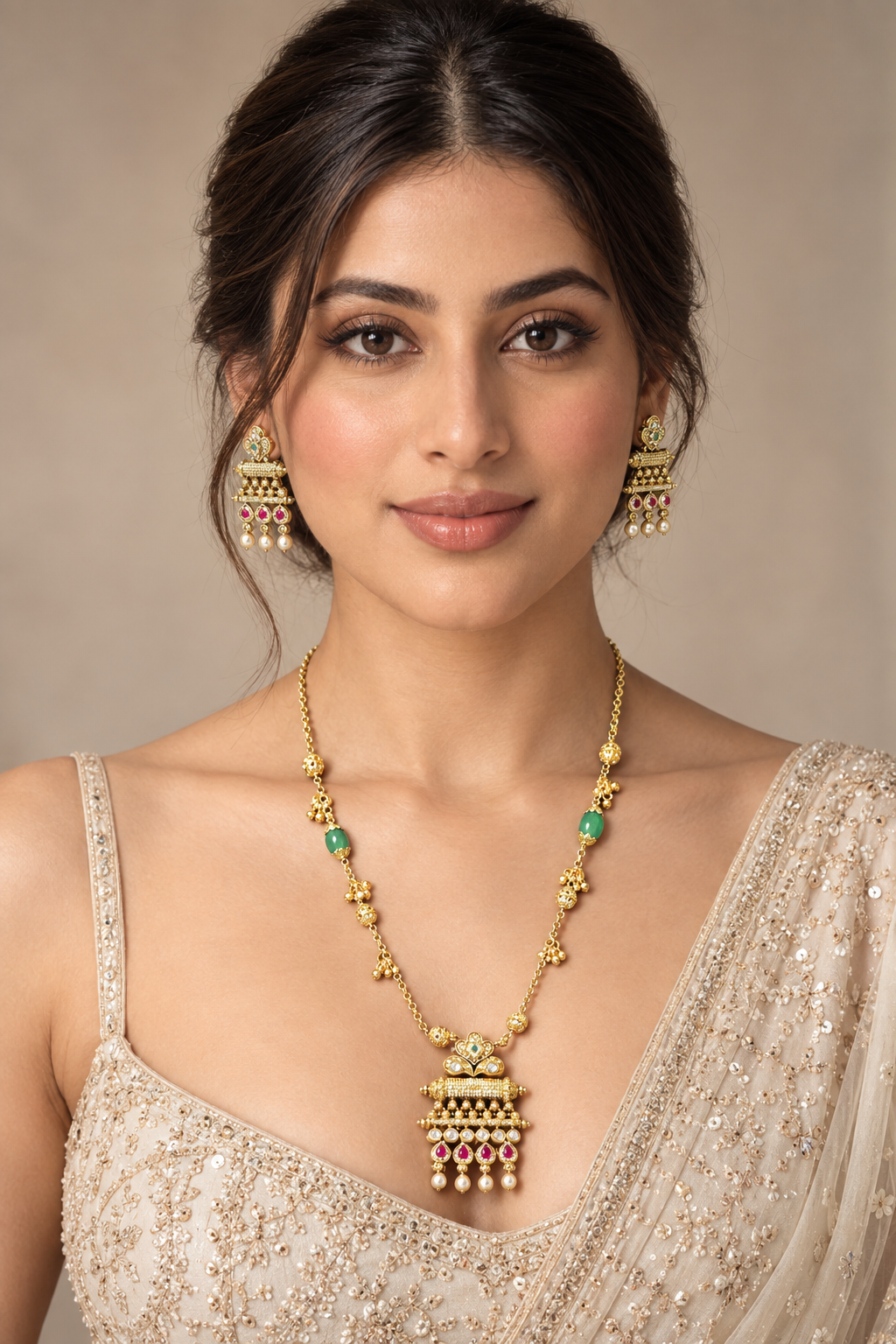 Long Temple Pendant Necklace Set with Earrings - Gold Tone Indian Jewelry — Jewellery — view 3 | Lehar Clothing UAE