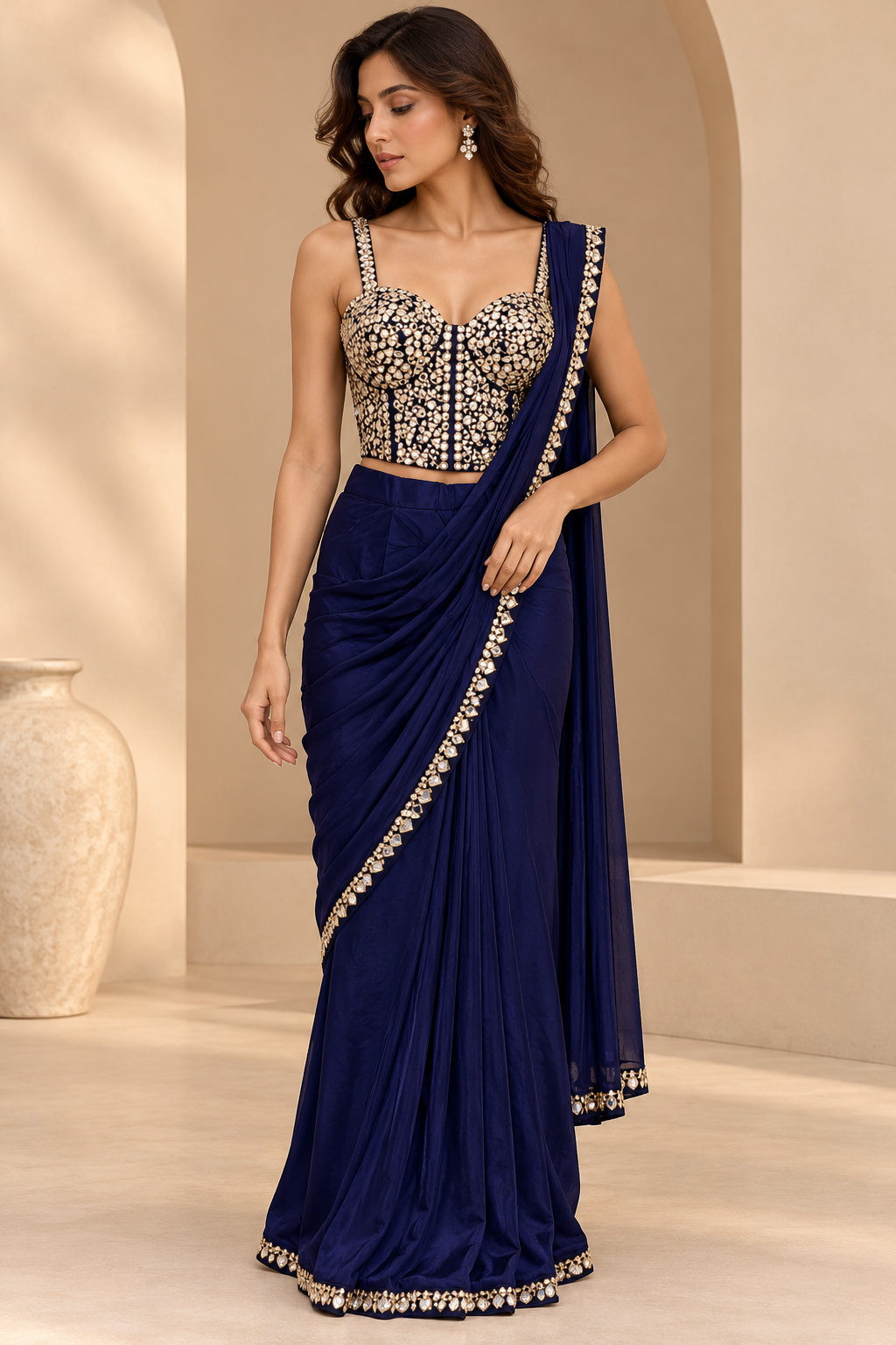 Navy Blue Mirror Work Embellished Bustier Blouse with Draped Skirt & Pre-Draped Saree Set — Sarees | Lehar Clothing UAE