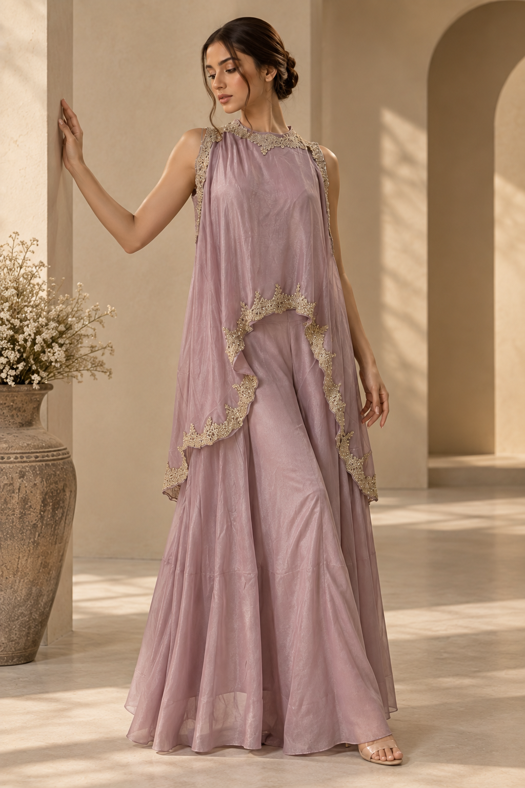 Lilac Embellished Asymmetric Cape Top with Flared Palazzo Pants Set — Kurta Sets — view 2 | Lehar Clothing UAE