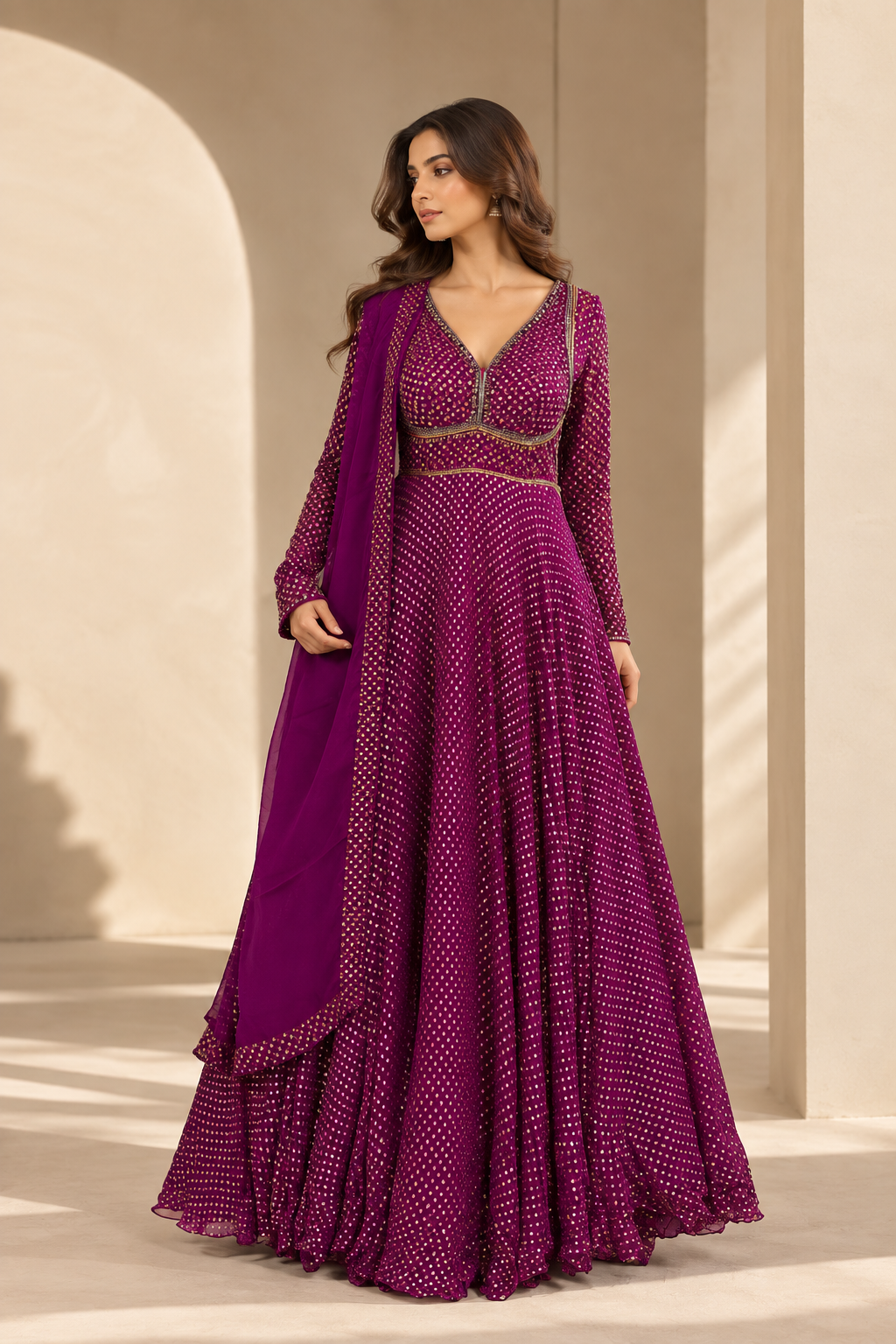Women's Deep Magenta Embellished V-Neck Long Sleeve Flared Anarkali Gown with Mirror Work Detailing — Anarkali — view 2 | Lehar Clothing UAE