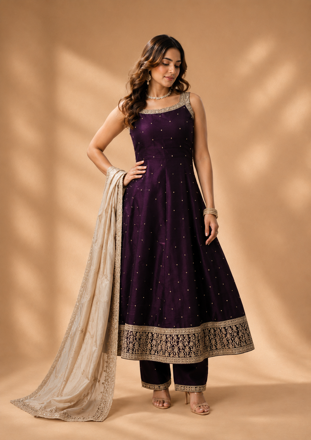 3-Piece Dark Purple Sleeveless Anarkali Kurta and Pant Set with Cream Dupatta — Sharara Set | Lehar Clothing UAE