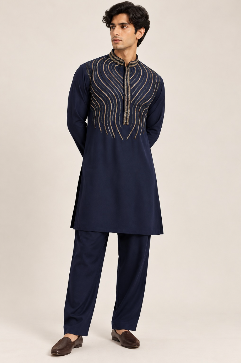 Men’s Navy Blue Kurta Set with Gold Wave Embroidery and Matching Straight-Fit Pants — Kurta Sets | Lehar Clothing UAE