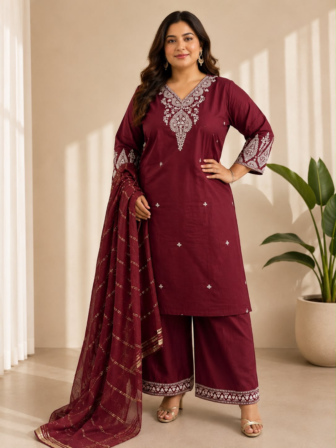 Burgandy Muslin Cotton Embroidered Kurta Set with Organza Dupatta — Kurta Sets | Lehar Clothing UAE