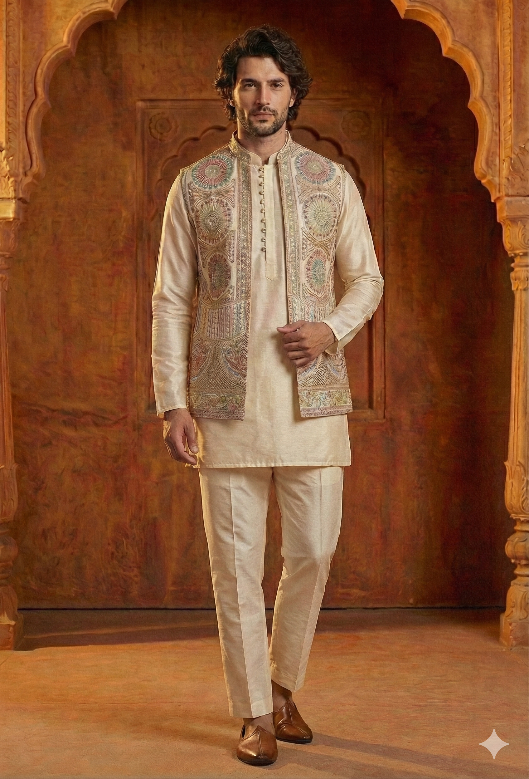 Ivory Regal Embroidered Kurta Set with Heritage Jacket Set — Co-ord Set | Lehar Clothing UAE
