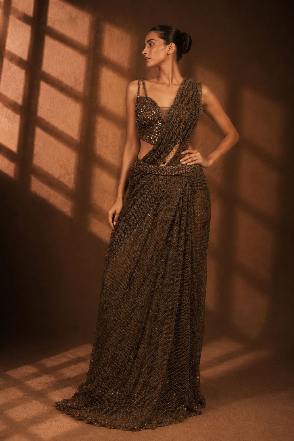 Women's Brown Embellished Mesh Net Draped Saree with Corset Embellished Blouse — Sarees | Lehar Clothing UAE