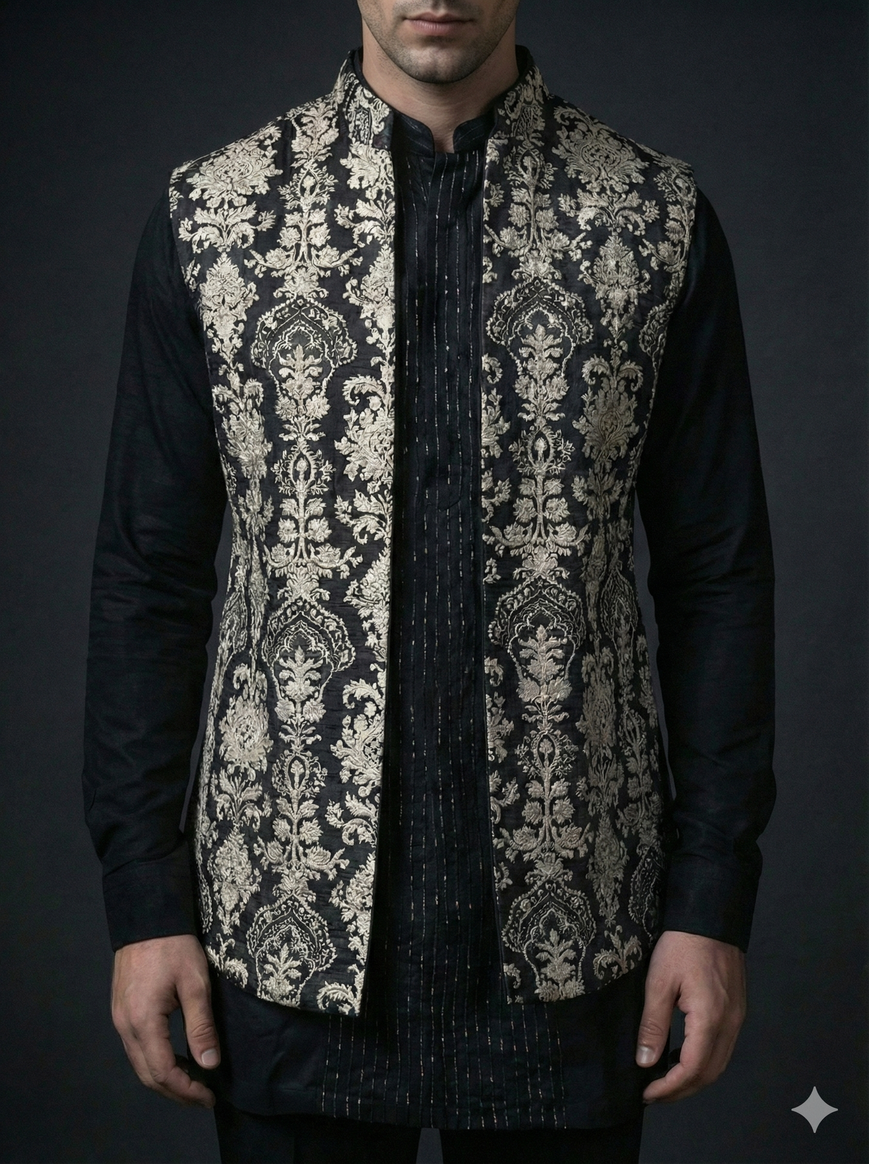 Midnight Black Kurta Set with Jacquard Floral Jacket & Ankle-Length Trousers — Co-ord Set — view 3 | Lehar Clothing UAE