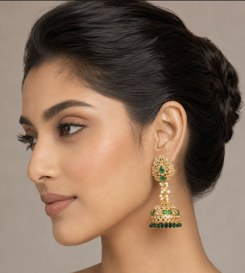Imitation Gold-Tone Kundan Jhumka Earrings with Green Stones & Beaded Drops — Jewellery — view 2 | Lehar Clothing UAE