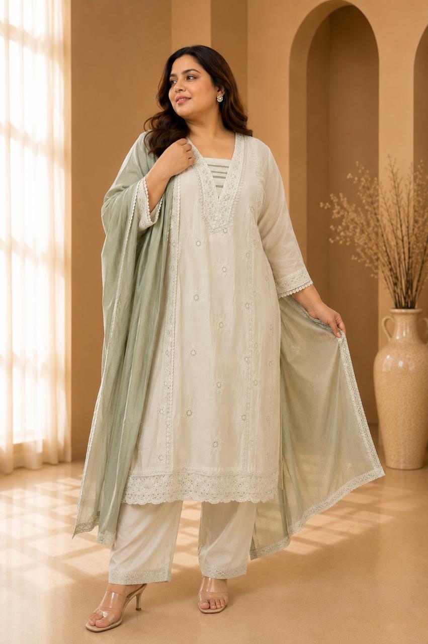 Women's Ivory White Embroidered Straight Kurta with Pants and Green Dupatta Set — Kurta Sets - Plus Size | Lehar Clothing UAE