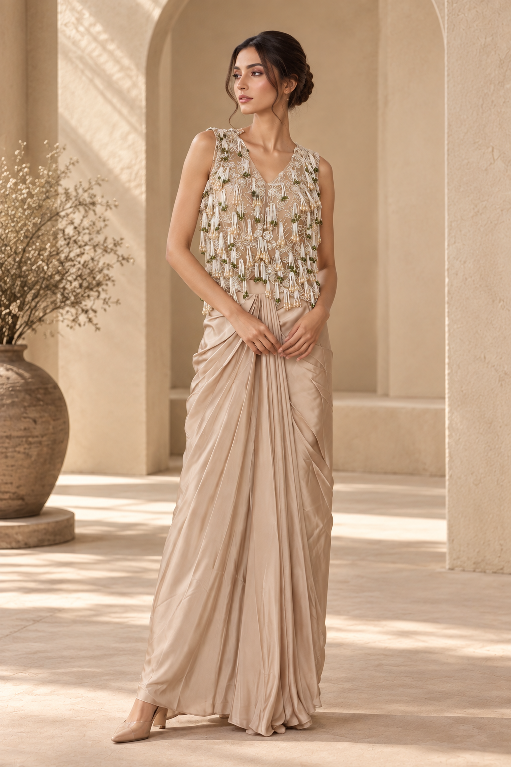 Light Beige Embellished Bustier with Fringe Overlay & Draped Satin Skirt Set — Fusion wear | Lehar Clothing UAE
