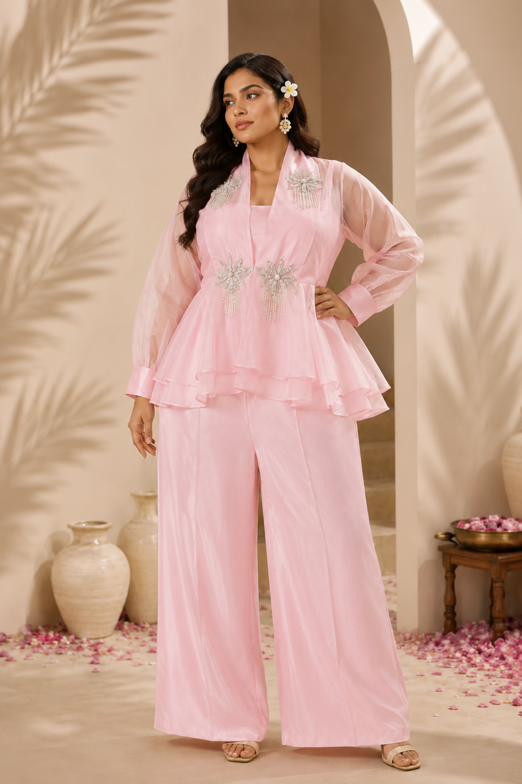 Blush Pink Embellished Organza Peplum Co-Ord Set with Satin Wide-Leg Trousers — Co-ord Set | Lehar Clothing UAE