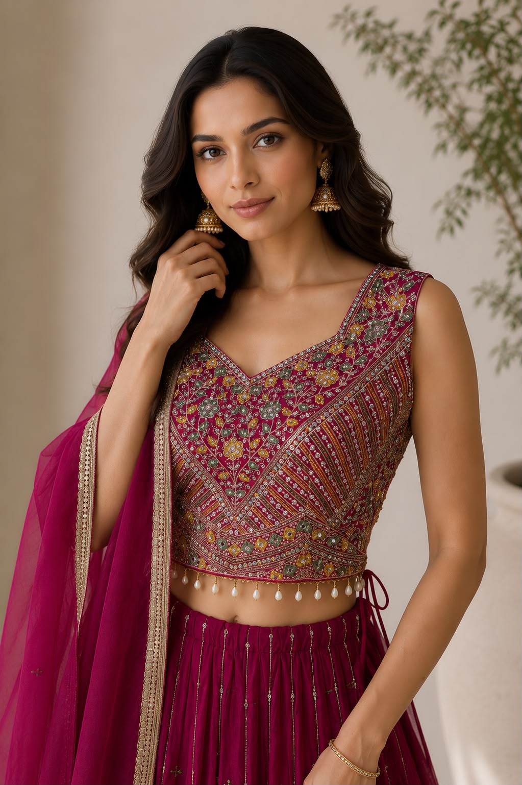 Women's Pink Georgette Printed Lehenga Set with Embellished Blouse & Net Dupatta — Lehenga — view 2 | Lehar Clothing UAE
