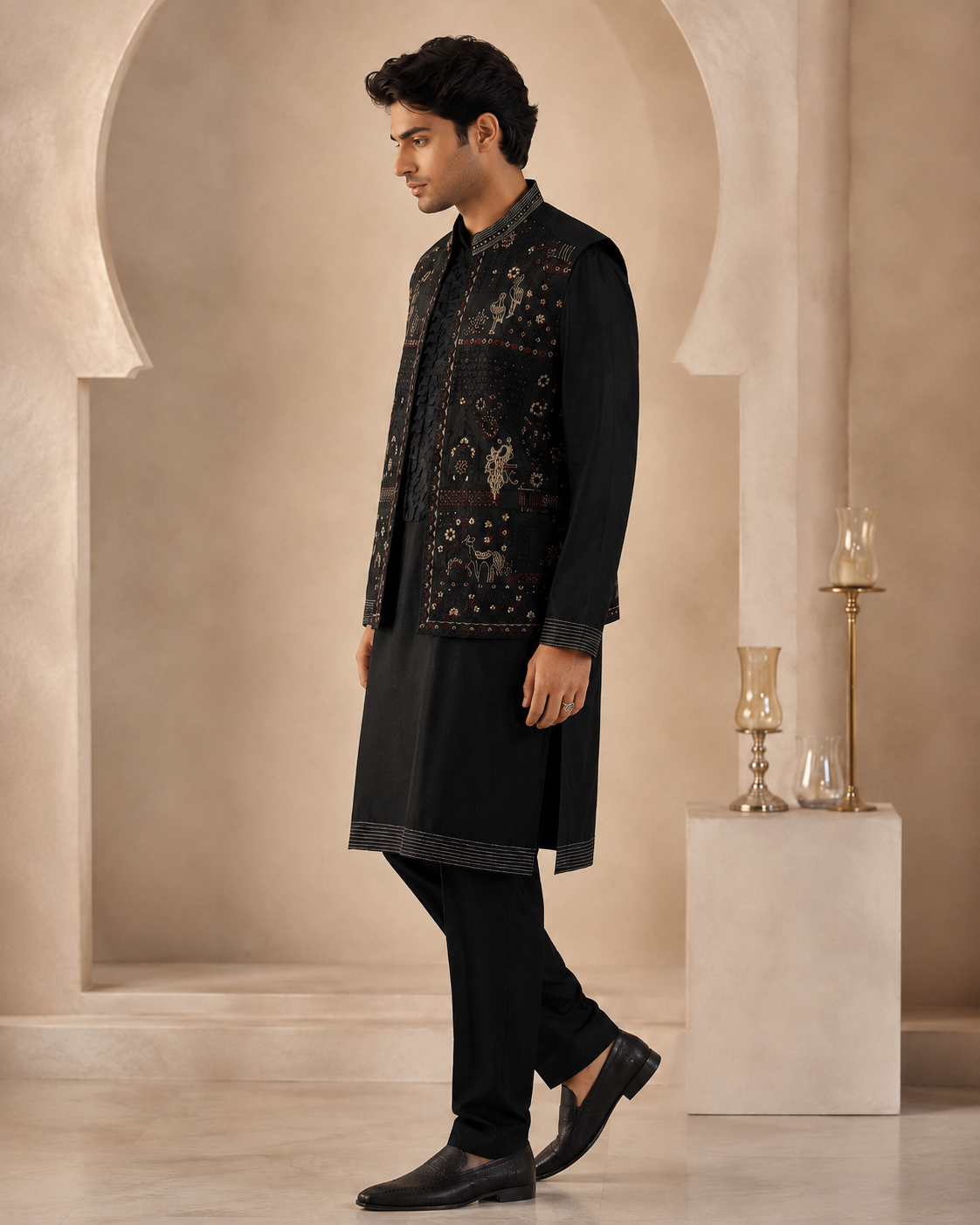 Men’s Black Embroidered Indo-Western Kurta Pajama with Jacket – 3 Piece Ethnic Wear Set — Kurta Sets — view 3 | Lehar Clothing UAE