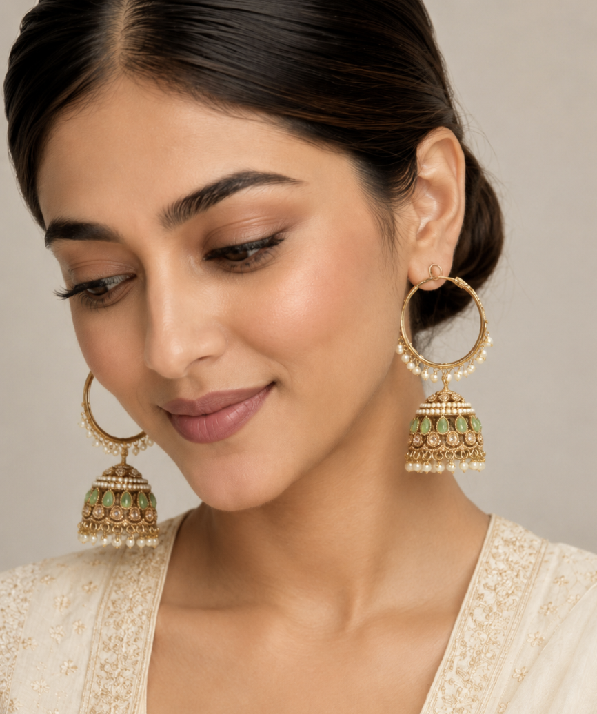 Imitation Gold-Tone Hoop Jhumka Earrings with Green Stones & Pearl Drops — Jewellery — view 3 | Lehar Clothing UAE