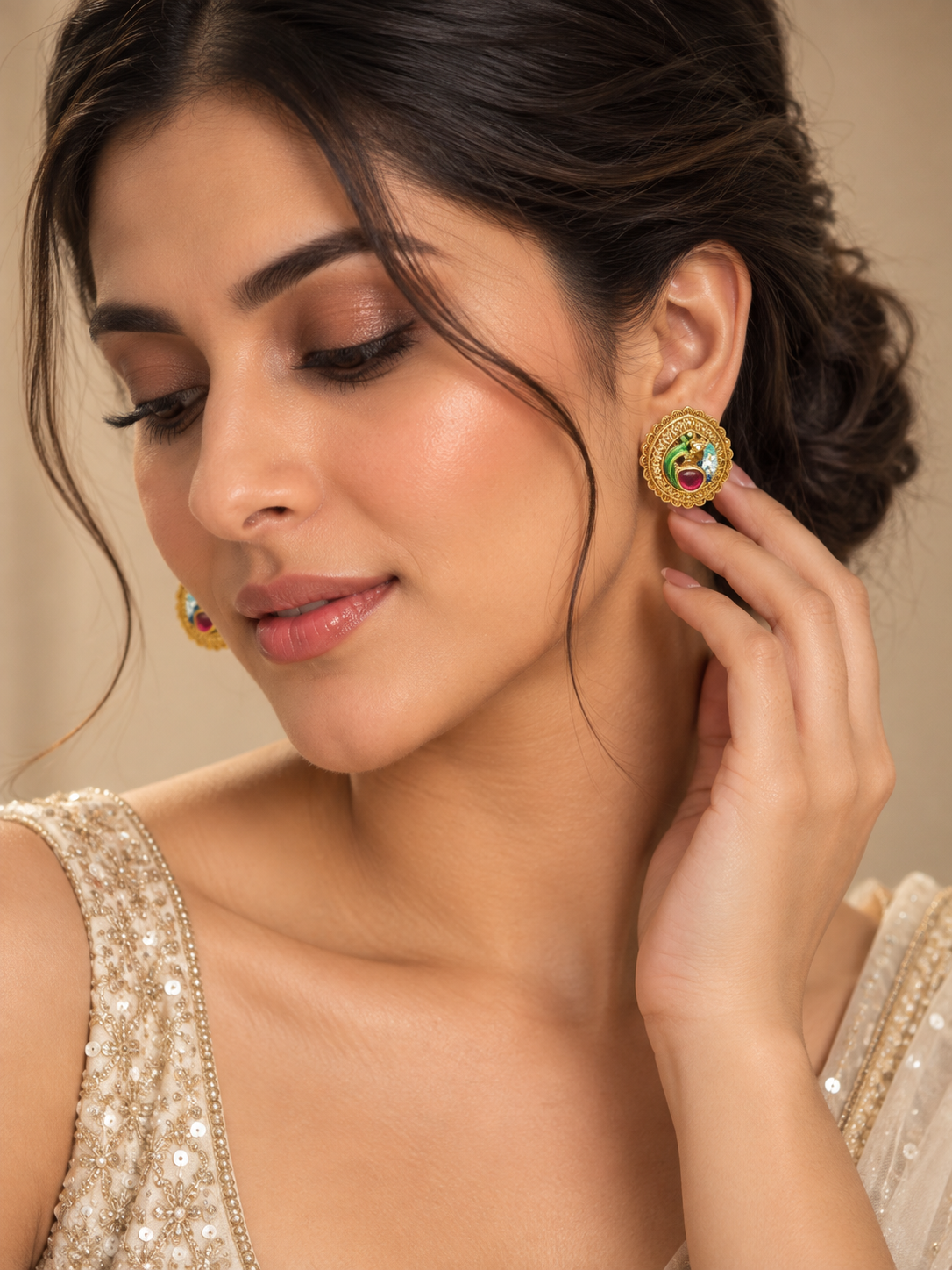 Peacock Meenakari Oval Studs – Gold-Tone Indian Traditional Jewelry — Jewellery — view 2 | Lehar Clothing UAE
