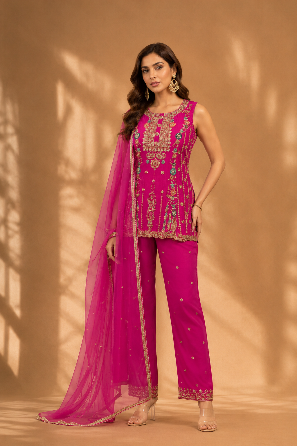 Women's Fuchsia Pink Embroidered 3 Piece Kurta Pant Set with Organza Dupatta — Sarees | Lehar Clothing UAE