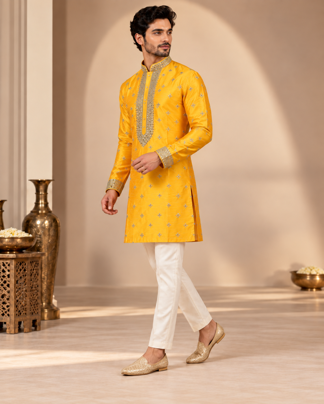 Mustard Yellow Embellished Kurta with Ivory Straight Pants Set — Kurta Sets — view 2 | Lehar Clothing UAE