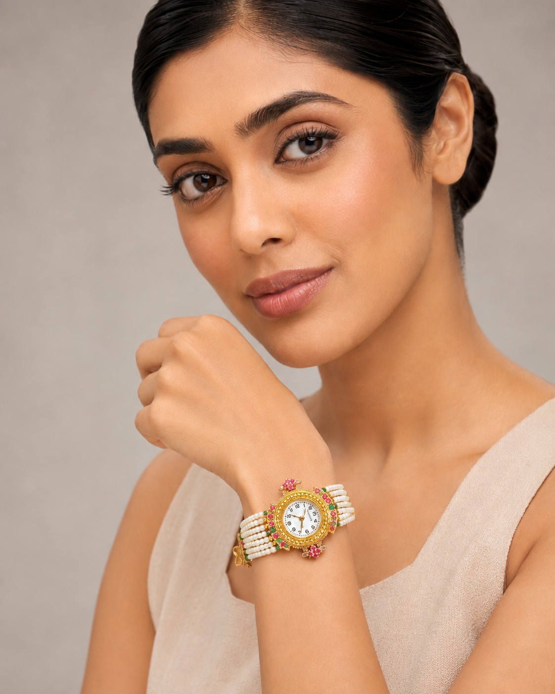 Multi-Strand Pearl Bead Jewelry Watch for Women - Gold Tone Indian Bracelet Watch — Jewellery — view 3 | Lehar Clothing UAE