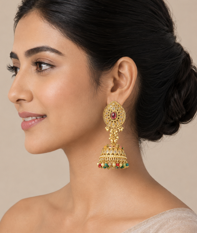 Imitation Gold-Tone Kundan Jhumka Earrings with Ruby Stone & Multicolor Beads — Jewellery — view 3 | Lehar Clothing UAE