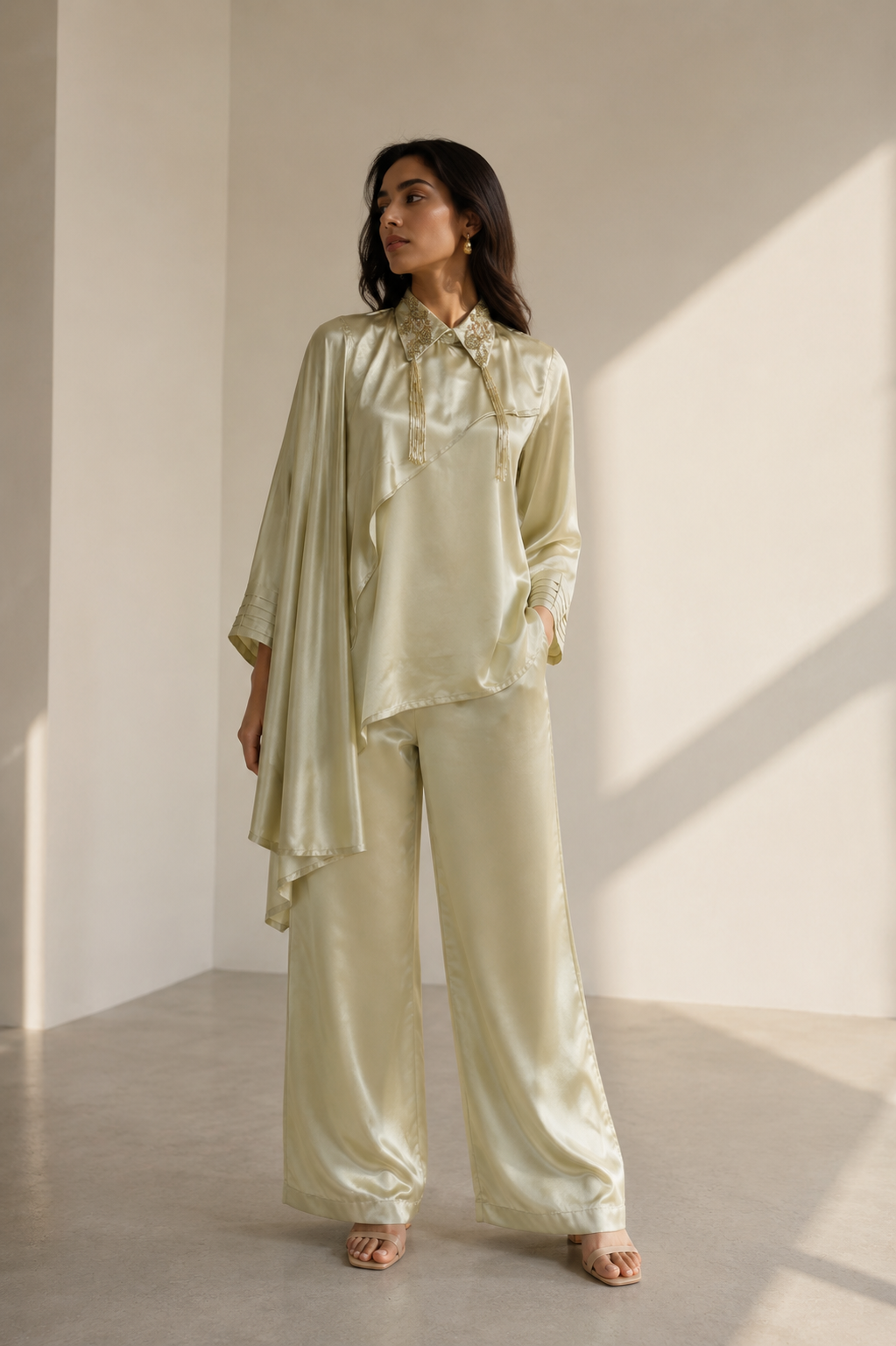 Champagne Draped Satin Set — Kurta Sets | Lehar Clothing UAE