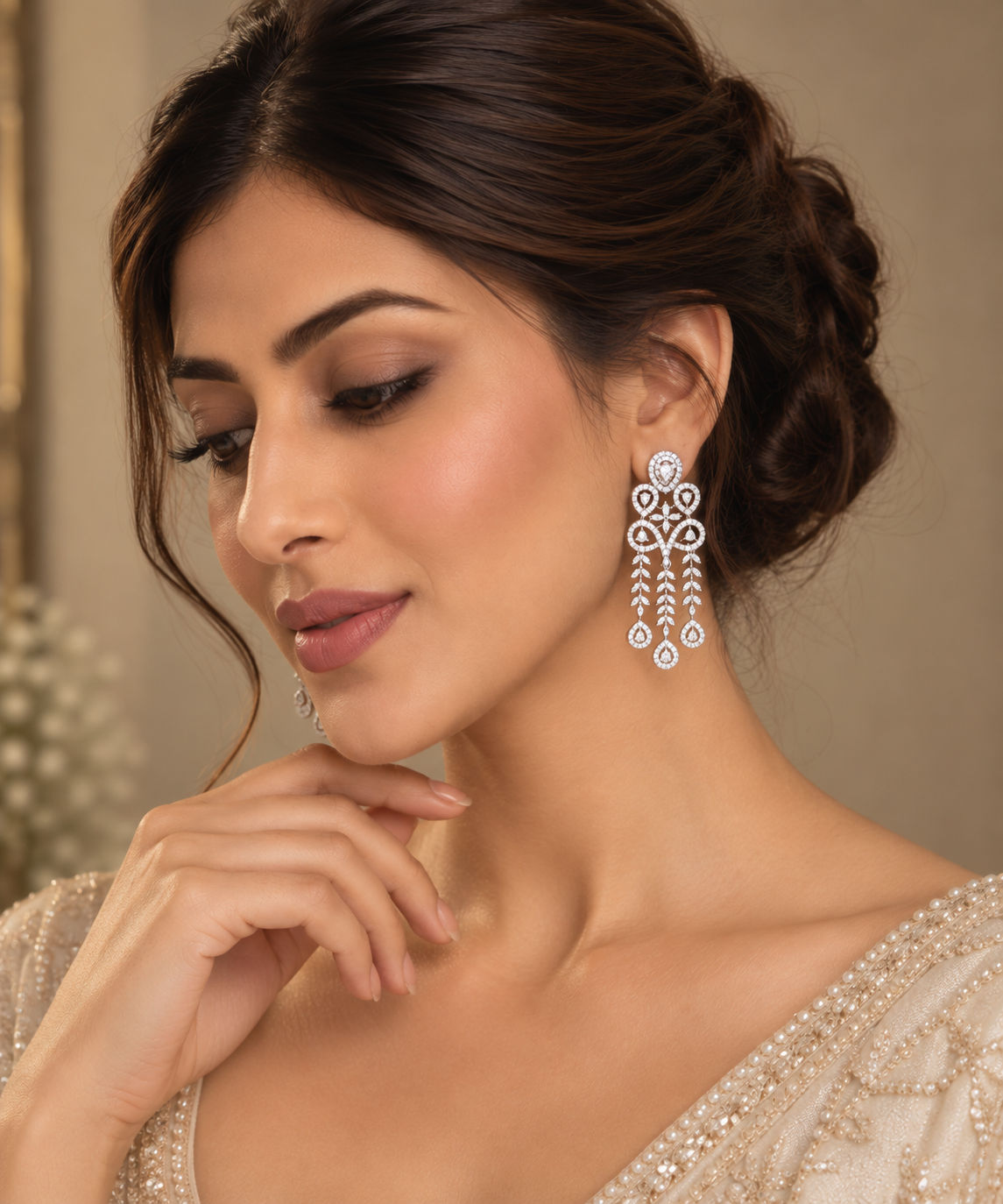 Silver-Tone Leaf Chandelier Earrings – Long Bridal & Party Jewelry — Jewellery | Lehar Clothing UAE