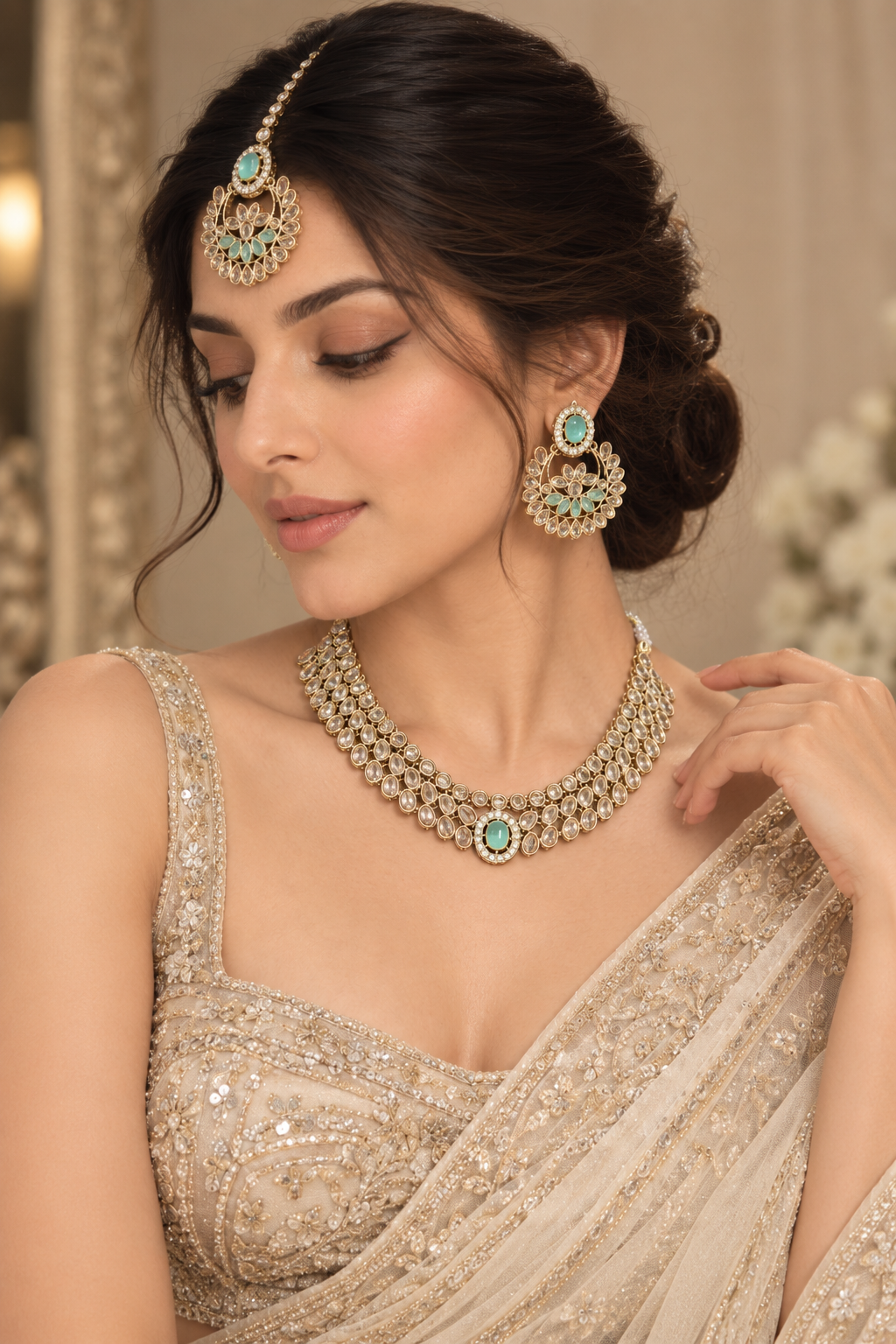 Mint Green Kundan Layered Choker Set with Chandbali Earrings & Maang Tikka – Indian Bridal Jewelry — Jewellery — view 2 | Lehar Clothing UAE