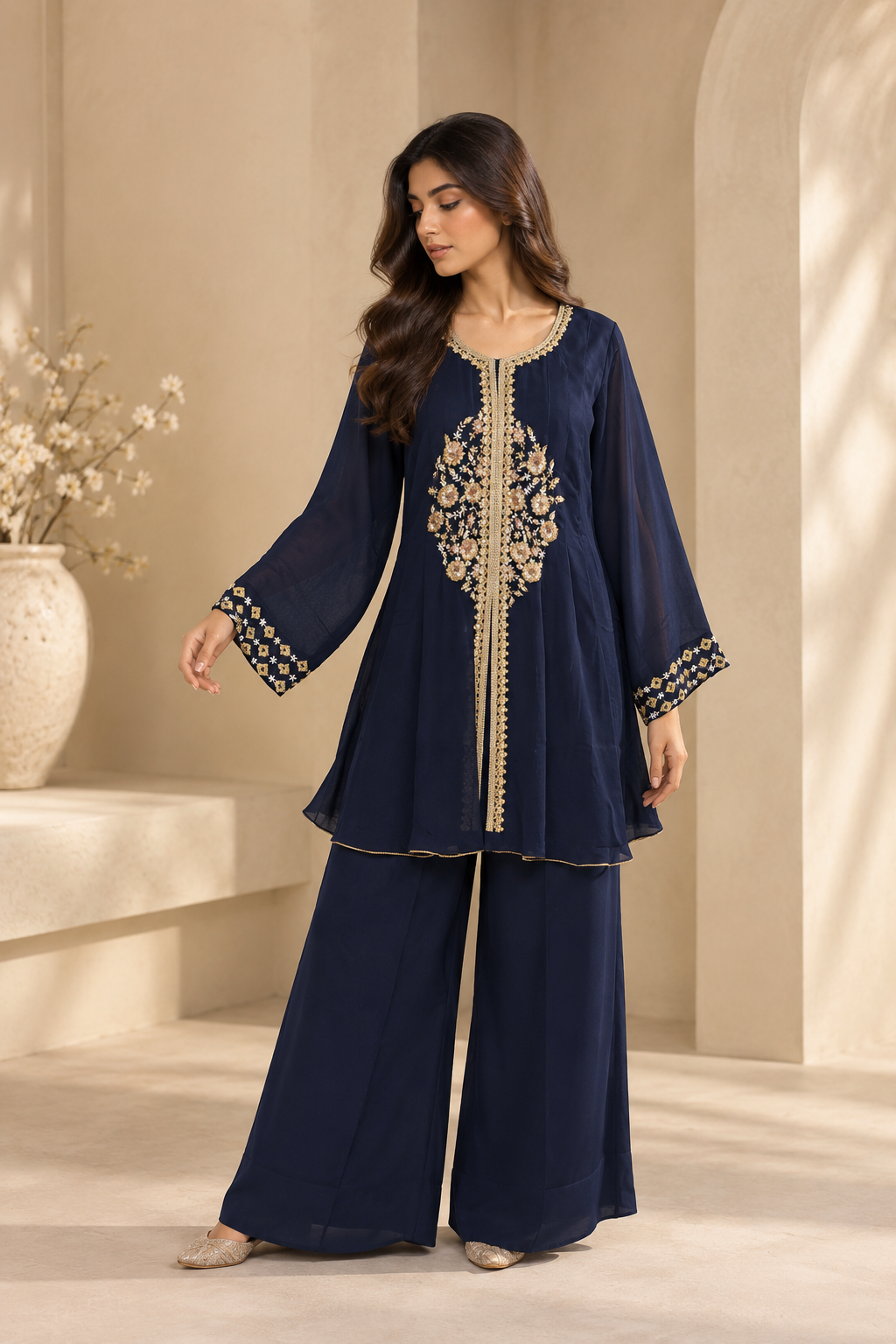 Navy Blue Floral Embroidered A-Line Kurta with Wide-Leg Pants Set — Kurta Sets | Lehar Clothing UAE