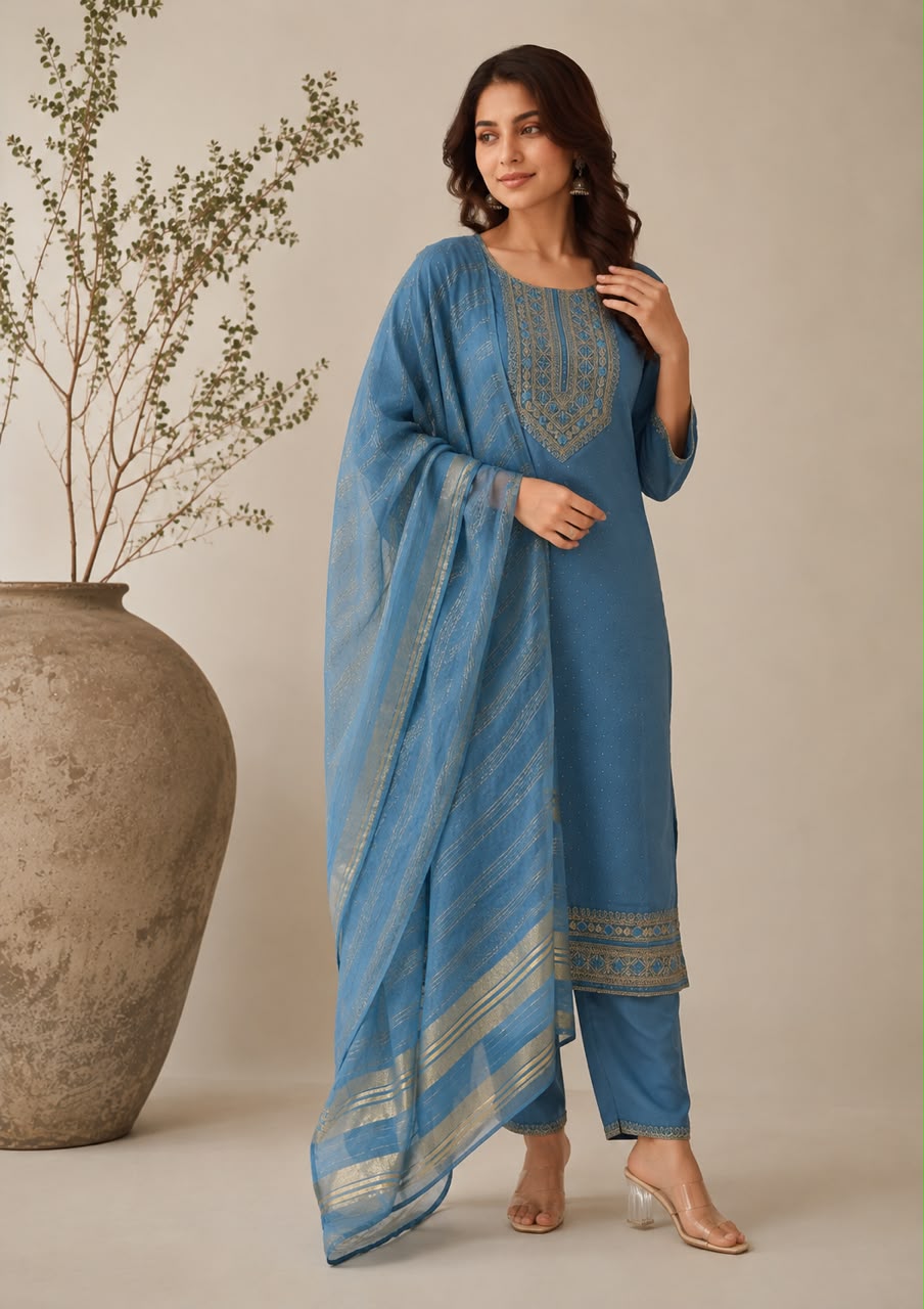 Women's Dark Blue 3-Piece Embroidered Kurta and Pant Set with Dupatta — Kurta Sets — view 2 | Lehar Clothing UAE