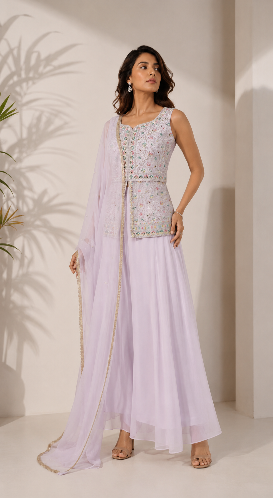 3-Piece Pastel Pink Floral Embellished Sleeveless Sharara Set — Sharara Set | Lehar Clothing UAE