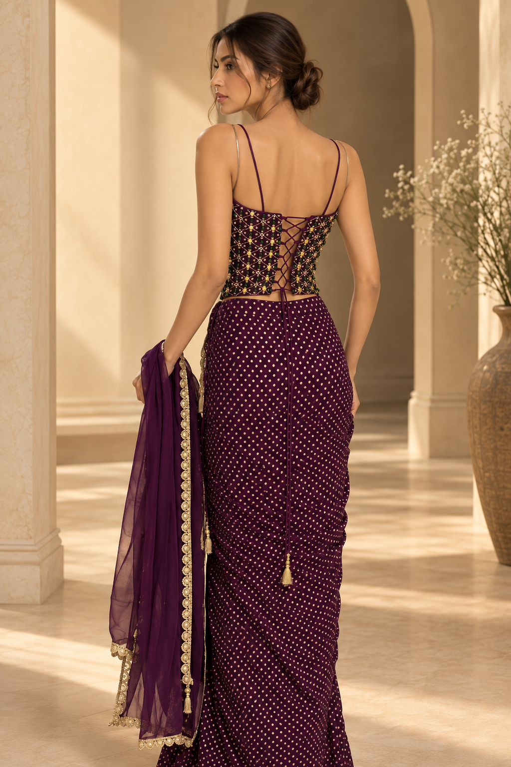 Women's Deep Plum Embellished Sweetheart Neck Bustier with Mirror & Bead Work and Pre-Draped Saree Set — Sarees — view 3 | Lehar Clothing UAE