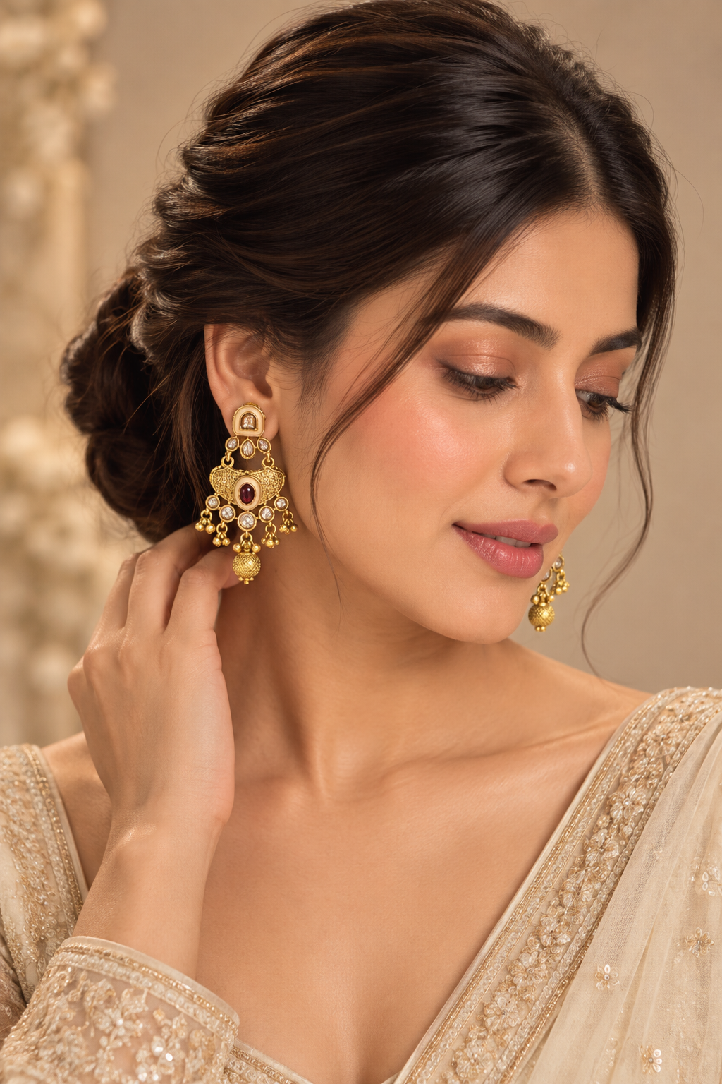 Olive Green Kundan Necklace Set with Jhumka Earrings & Maang Tikka – Indian Bridal Jewelry — Jewellery — view 2 | Lehar Clothing UAE