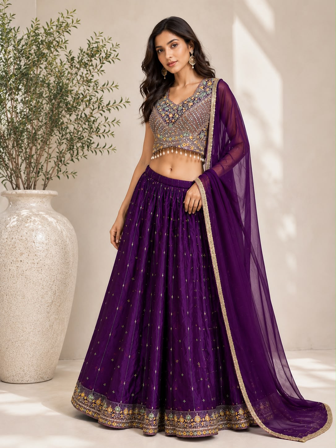 Women's Purple Georgette Printed Lehenga Set with Embellished Blouse & Net Dupatta — Lehenga | Lehar Clothing UAE