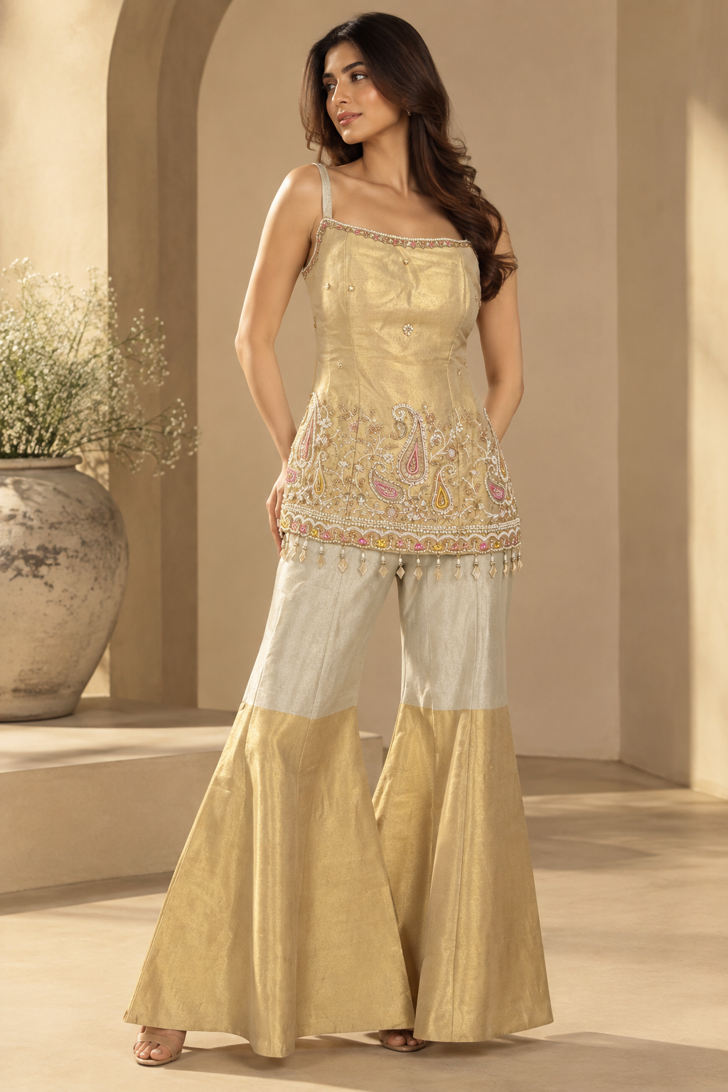 Beige to Gold Ombre Embroidered Bustier Top with Flared Sharara Pants & Matching Dupatta — Sharara Set — view 2 | Lehar Clothing UAE