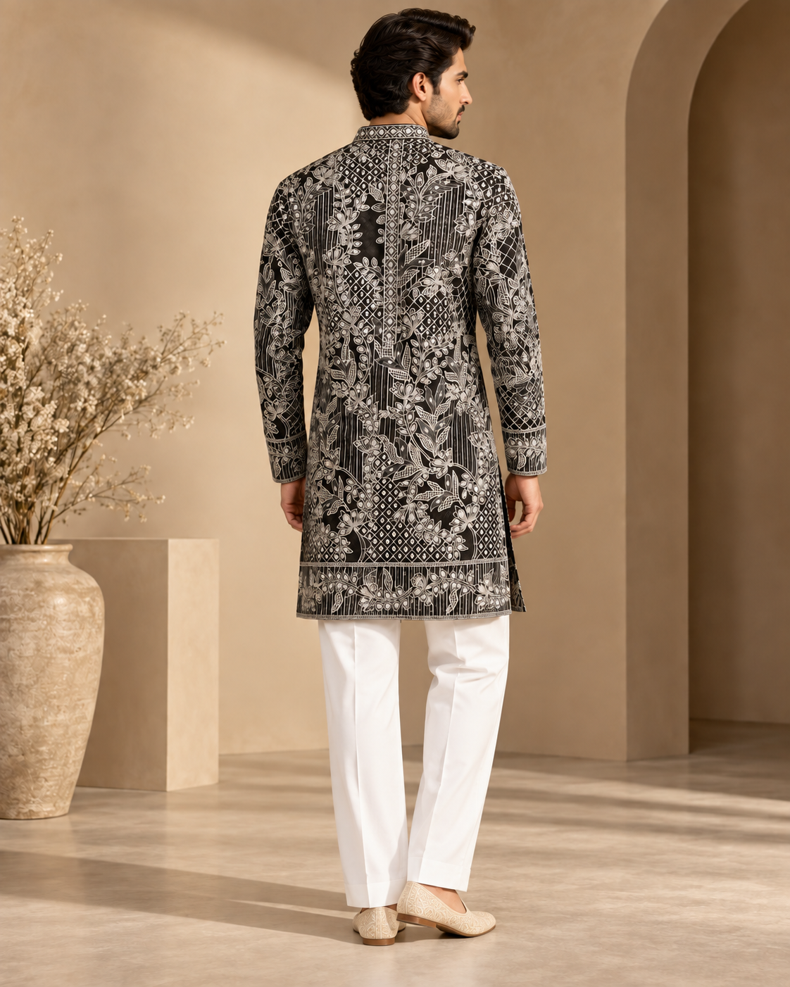 Men’s Black Embroidered Velvet Kurta with Soft Cotton Lining & White Trousers — Kurta Sets — view 2 | Lehar Clothing UAE