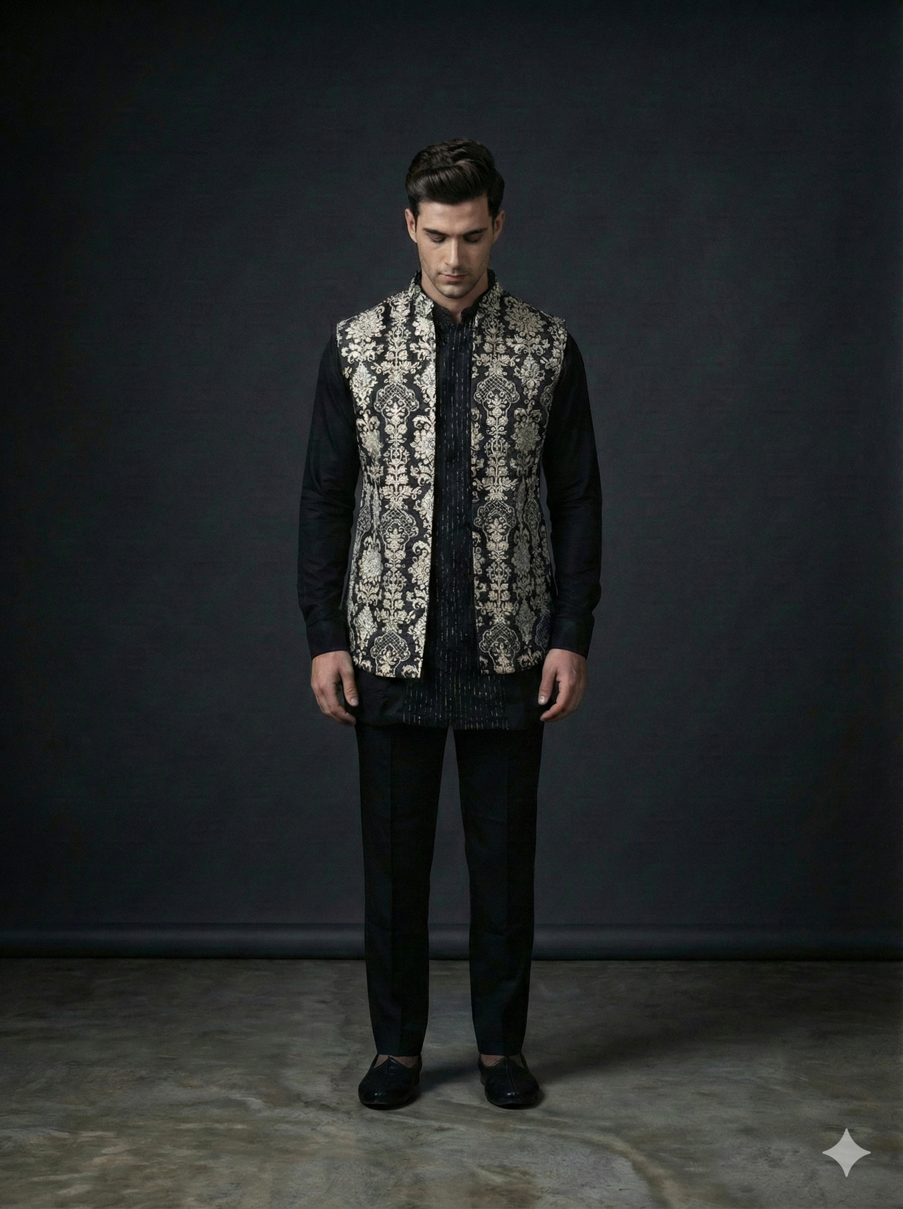 Midnight Black Kurta Set with Jacquard Floral Jacket & Ankle-Length Trousers — Co-ord Set | Lehar Clothing UAE