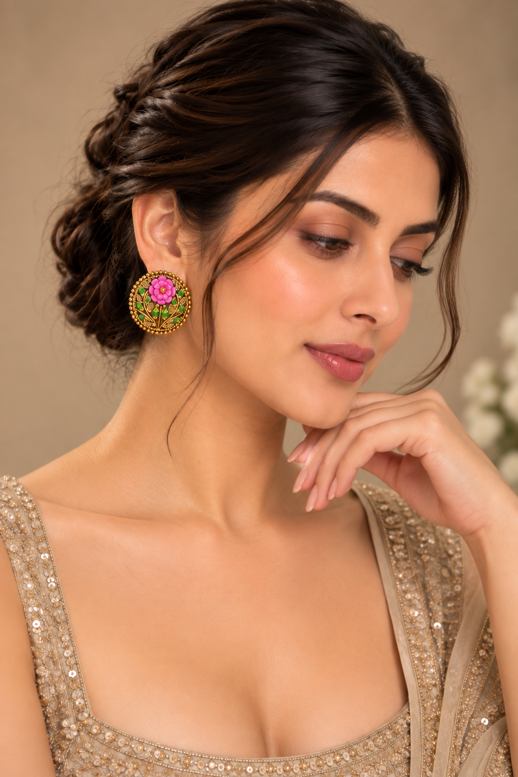 Gold-Tone White Stone Double Layer Necklace Set with Drop Earrings – Indian Bridal & Party Jewelry — Jewellery — view 2 | Lehar Clothing UAE