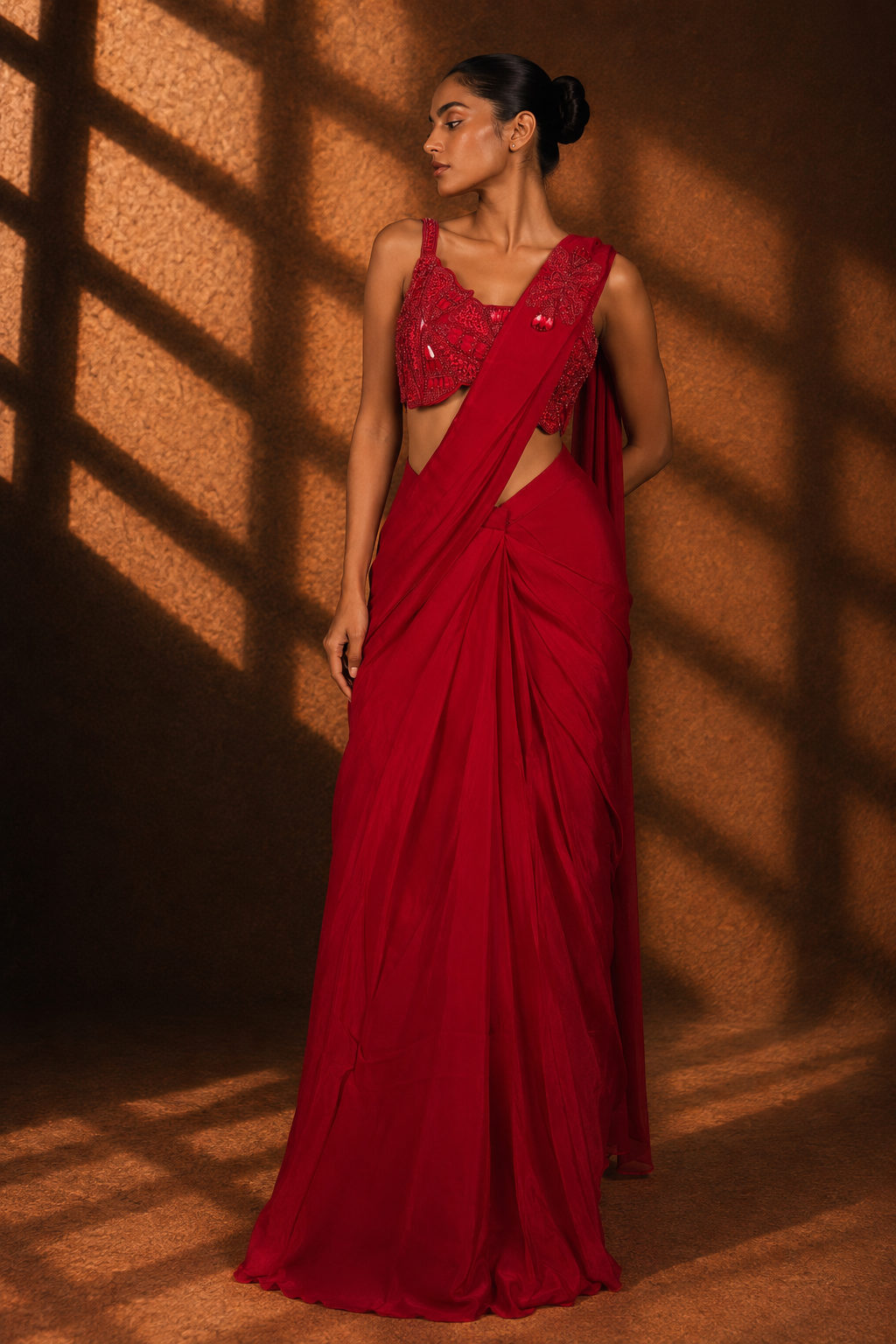 Women's Red Draped Saree with Embellished Blouse Set — Sarees — view 3 | Lehar Clothing UAE