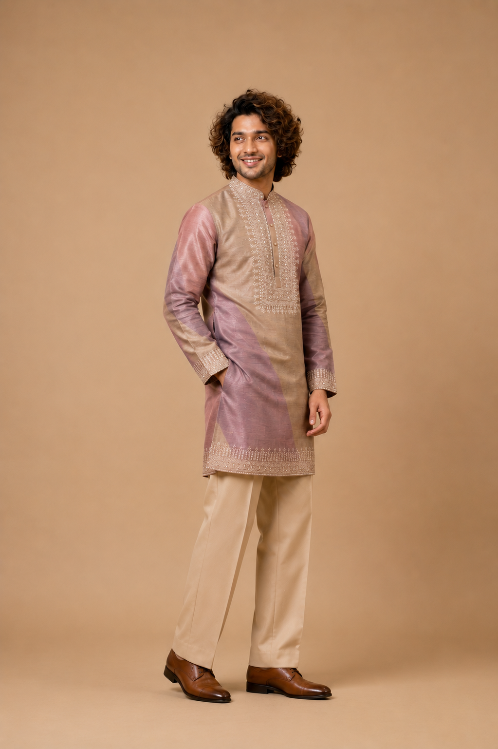 Lilac Beige Embroidered Silk Kurta Set with Straight Fit Trousers — Kurta Sets | Lehar Clothing UAE