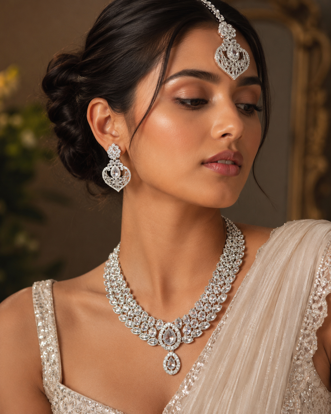 Silver-Tone Bridal Necklace Set with Maang Tikka – White Stone Wedding Jewelry — Jewellery — view 3 | Lehar Clothing UAE